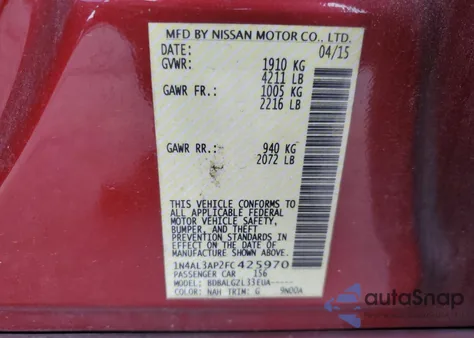 2015 Nissan Altima 2.5 z USA, uszkodzony, nr VIN 1N4AL3AP2FC425970